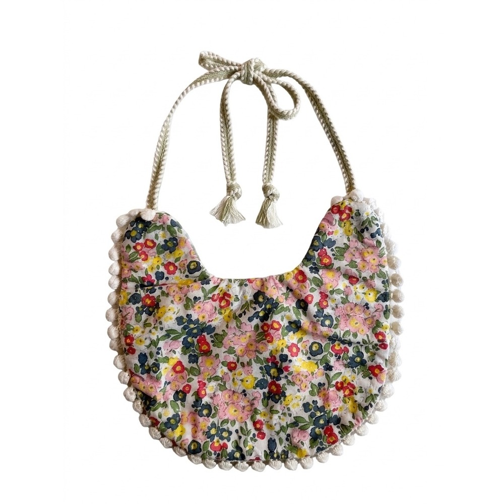 Handmade Reversible Floral Gingham Baby‎ Bib Pom Pom Trim Green Multi Color